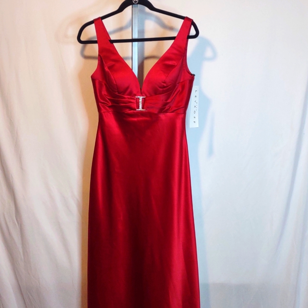 Bill Levkoff Brilliant Red Satin Floor Length Gown Size 10 with Rhinestones